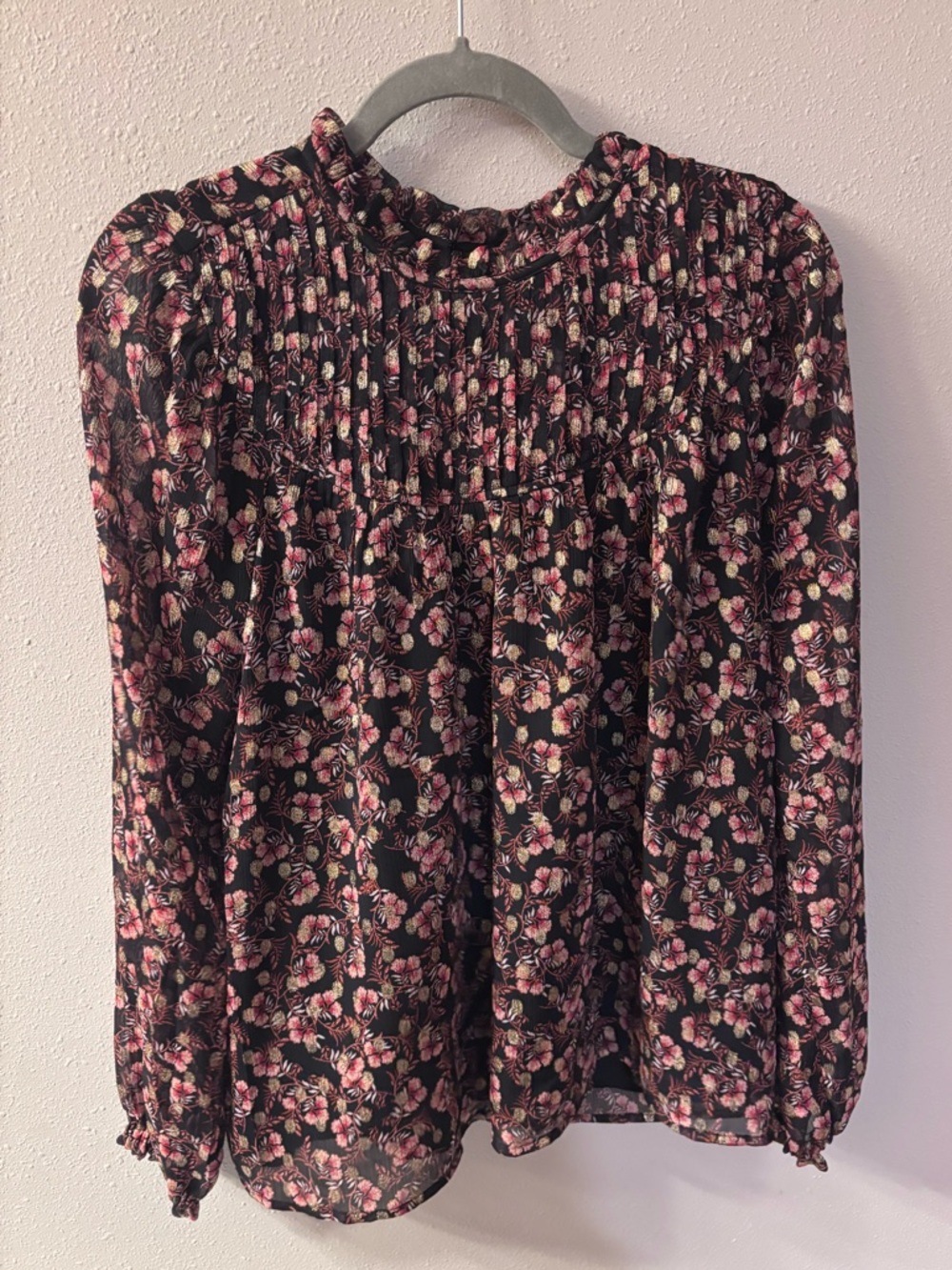 Loft Floral Smocked Neck Long-Sleeve Blouse - Black with Pink Floral